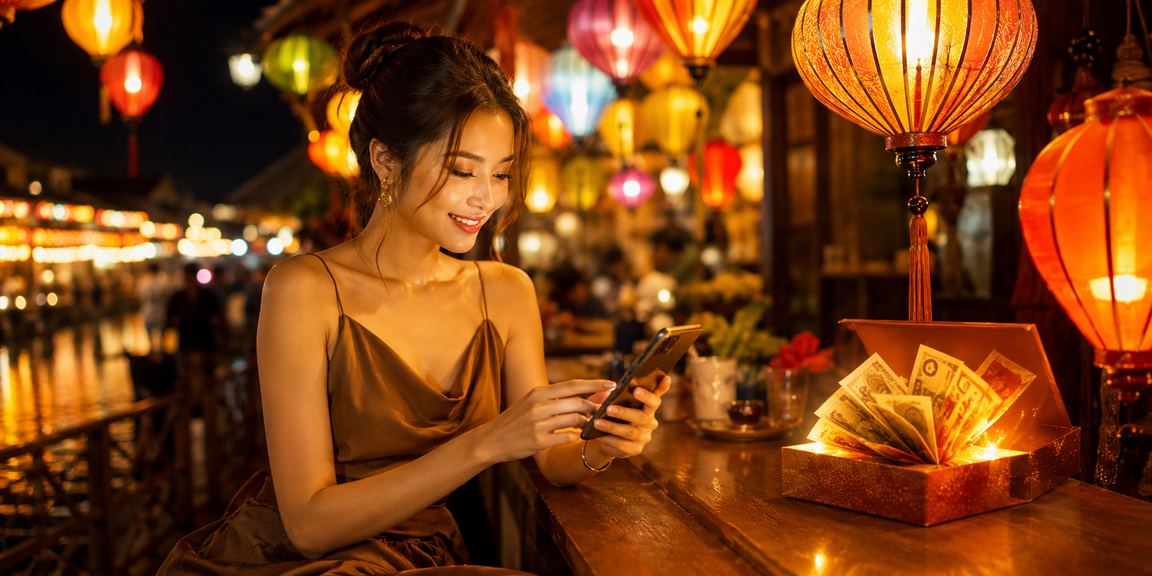 Người dùng tại Hội An dùng điện thoại nhập mã voucher casino bên tách cà phê buổi sáng